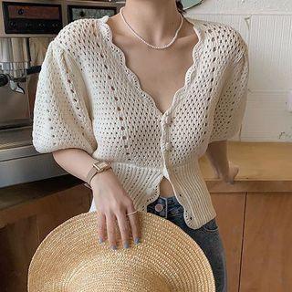 Short-sleeve V-neck Pointelle-knit Cardigan