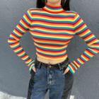 Mock-neck Rainbow Stripe Knit Top Black - One Size