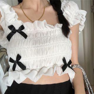 Bow Accent Short-sleeve Blouse / Irregular Hem Mini A-line Skirt