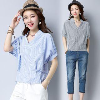 Striped Split-neck Short-sleeve Blouse