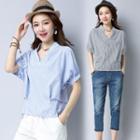 Striped Split-neck Short-sleeve Blouse
