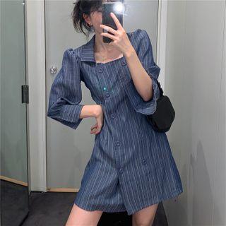 Striped Double-breasted Mini A-line Dress Denim Blue - One Size