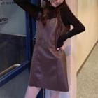Long-sleeve Top / Faux Leather Spaghetti Strap Dress
