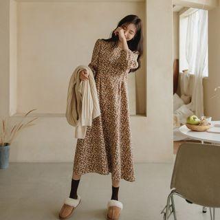 Puff-sleeve Napped Floral Long Dress