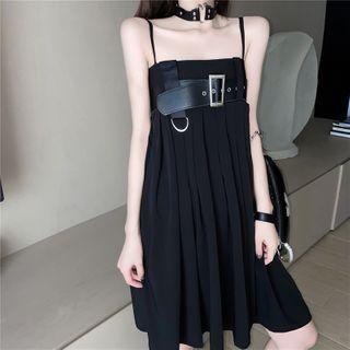 Insert-belt Sleeveless Pleated Mini Dress