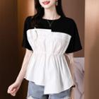 Short Sleeve Two Tone Asymmetrical Hem Drawstring Top