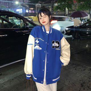 Two-tone Letter Embroidered Baseball Jacket Blue - One Size