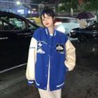 Two-tone Letter Embroidered Baseball Jacket Blue - One Size