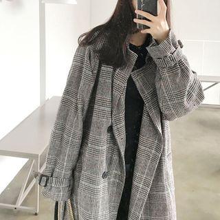 Double-breasted Glen-plaid Long Coat With Belt Black - One Size