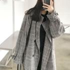 Double-breasted Glen-plaid Long Coat With Belt Black - One Size