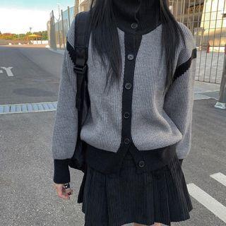 Two Tone Button-up Long Sleeve Knit Cardigan Gray - One Size