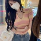 Short-sleeve V-neck Striped Knit Top Stripe - Tangerine & Pink - One Size