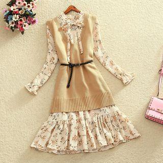 Set: Knit Vest + Long-sleeve Floral Pleated Dress