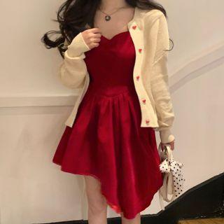Plain Cardigan / Spaghetti Strap Asymmetrical Velvet Dress