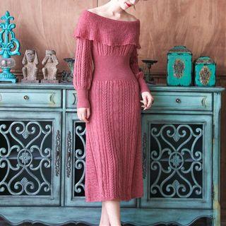 Long-sleeve Off-shoulder Cable Knitted Dress Dark Brick Red - One Size