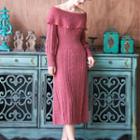 Long-sleeve Off-shoulder Cable Knitted Dress Dark Brick Red - One Size