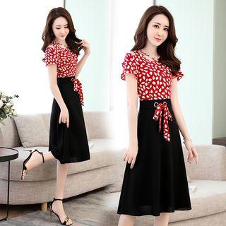 Short-sleeve Cold Shoulder Pattern Paneled A-line Chiffon Dress