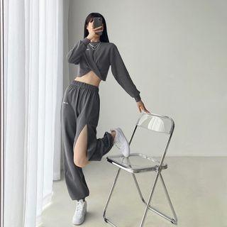 High-waist Printed Letter Ripped Straight-cut Pants