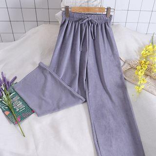 Plain Drawstring-waist Leather Wide-leg Pants