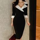 Two-tone Notch Lapel 3/4-sleeve Sheath Dress
