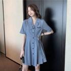 Short-sleeve Open-collar Belted Mini A-line Shirtdress
