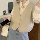 Single-breasted Sweater Vest / Ruffled Blouse