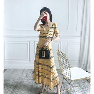 Set: Elbow-sleeve Patterned Knit Top + A-line Midi Skirt
