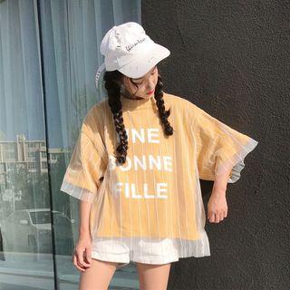 Letter Mesh Panel Mock Two-piece Short-sleeve T-shirt
