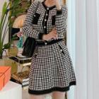 Set: Patterned Cardigan + Knit Skirt As Shown In Figure - One Size