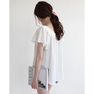 Shirred-neck Flutter-sleeve Top