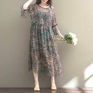 Set: Floral Print 3/4-sleeve Midi A-line Dress + Strappy Dress