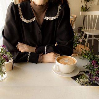 Lace-trim Tie-waist Long Dress Black - One Size