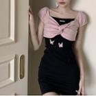 Cap-sleeve Twist Mini Bodycon Dress Rosy Brown & Black - One Size