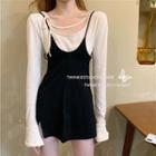Long-sleeve Plain Round-neck T-shirt / Split A-line Suspender Skirt