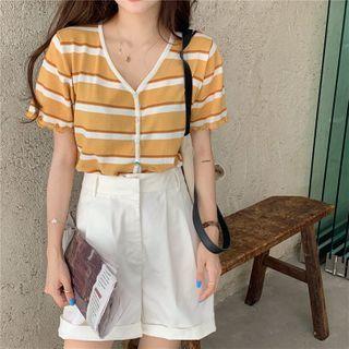 Frill Trim Short-sleeve V-neck Striped Cardigan