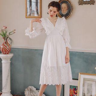 Ruffle Trim Long-sleeve Mid A-line Dress