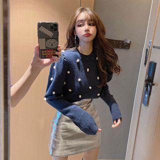 Pompom-accent Puff-sleeve Sweater