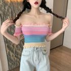Short-sleeve Striped Knit Top Pink & Blue - One Size