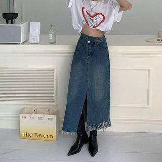 Tasseled Midi A-line Denim Skirt