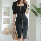 Puff-sleeve Zipped Square-neck Sheath Dress