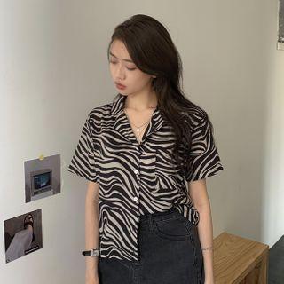 Short-sleeve Zebra Print Open-collar Shirt As Shown In Figure - One Size