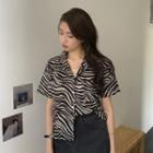 Short-sleeve Zebra Print Open-collar Shirt As Shown In Figure - One Size