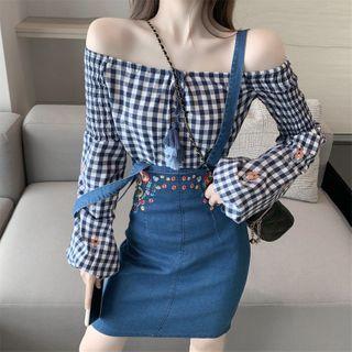 Flower Embroidered Mini Denim Suspender Skirt / Gingham Off-shoulder Blouse
