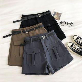 Plain Double-pocket High-waist A-line Shorts With Belt