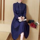 Stand Collar Long-sleeve A-line Midi Dress
