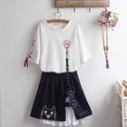 Elbow-sleeve Embroidered T-shirt / Embroidered Skirt / Set
