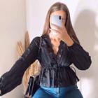 Long Sleeve Lace Panel V-neck Tie-waist Top