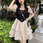 Puff-sleeve Bow Accent Tiered Mini A-line Dress