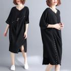 3/4-sleeve Studded Midi T-shirt Dress Black - One Size