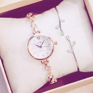 Set: Retro Bracelet Watch + Leaf Open Bangle